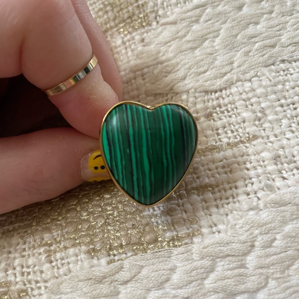 Anthropologie Green heart adjustable ring fits size 7 and up